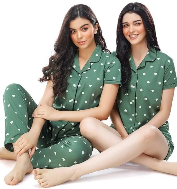 ZEYO Women's Cotton 3Pc'S Heart Printed Night Suit Pajama Set